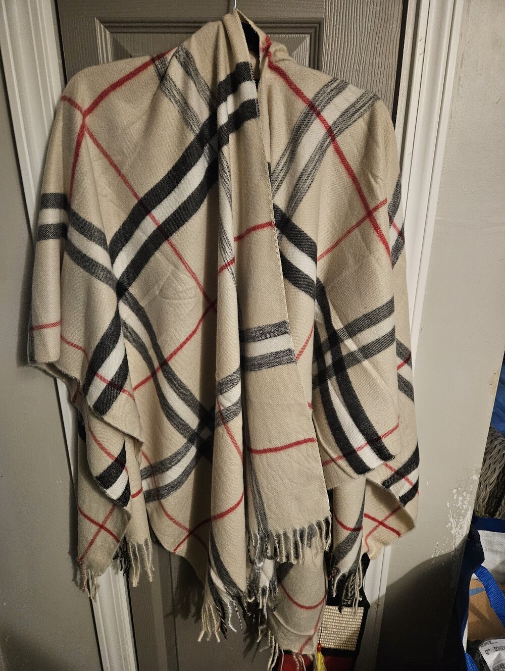 BRAND NEW ** Plaid Fringe Blanket Poncho - Cream, Black & Red